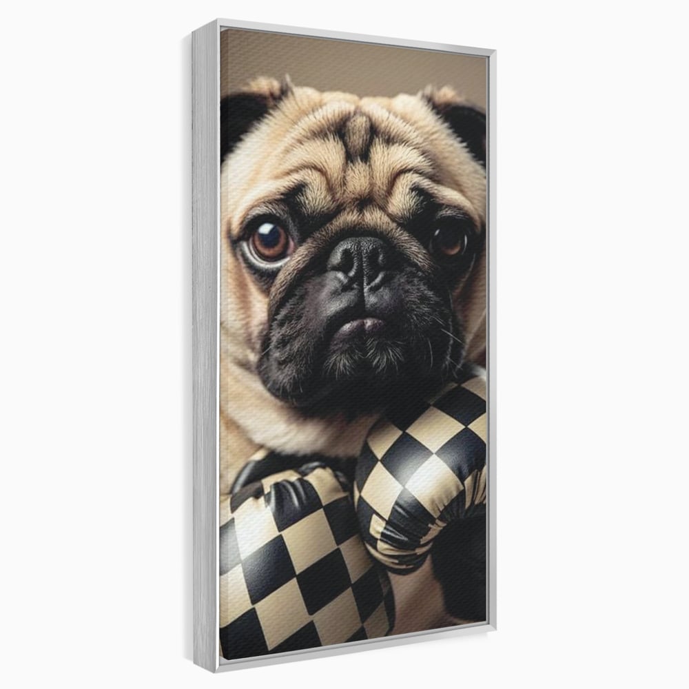 Tablou canvas cu tablou canvas cu pug in manusi de box, in rama de aluminiu argintiu